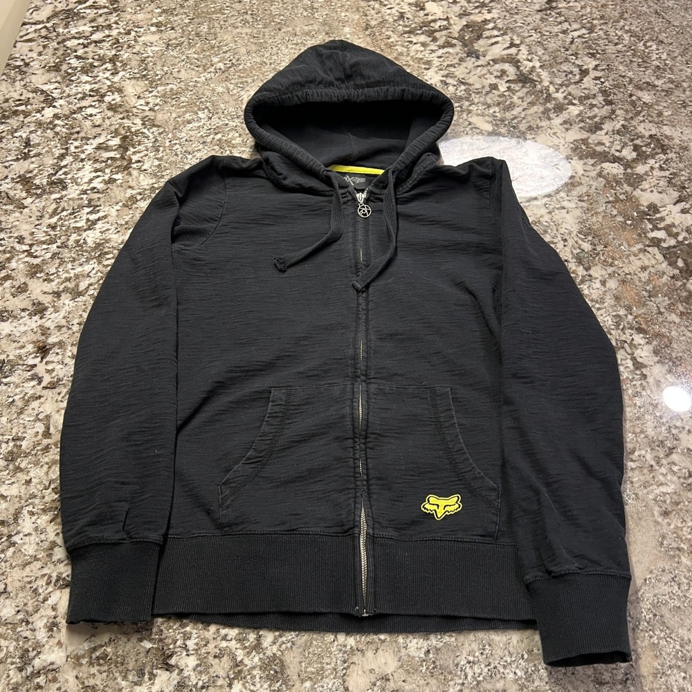 Vintage Fox Racing Full‎ Zip Hoodie Black Neon Yellow Y2K 2000s Moto Small